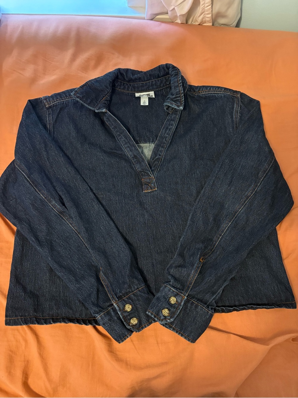 Long Sleeve Dark Blue Denim Collared Blouse